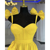 Women spring bow suspender v-neck ruffle dress