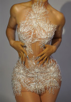 Fashion Halter Neck Strap Mini Dress Nude See-Through Sexy Party Dress