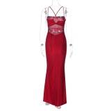 Women's Spring Solid Color Strap Low-Back Lace-Up Slim Long Dress