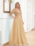 Women v-neck short-sleeved sequined elegant prom party evening dress