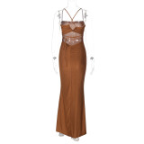 Women's Spring Solid Color Strap Low-Back Lace-Up Slim Long Dress