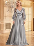 Women Silk V-neck long-sleeved fishtail sequined Formal Party evening dress