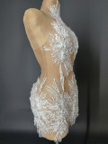 Fashion Halter Neck Strap Mini Dress Nude See-Through Sexy Party Dress