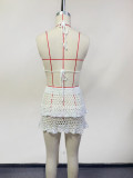 Women beach solid floating flower knitting swimsuit two piece set
