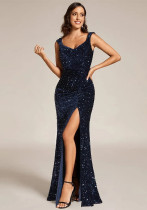 Summer Elegant Sequin V-Neck Slit Formal Party Evening Gown Summer Elegant Sequin V-Neck Slit Formal Party Evening Gown