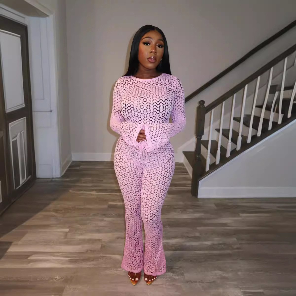 Women's Sexy Lace Ripped See-Through Crop Top High-Waist Long Pants Set