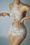Fashion Halter Neck Strap Mini Dress Nude See-Through Sexy Party Dress