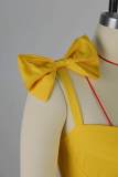 Women spring bow suspender v-neck ruffle dress