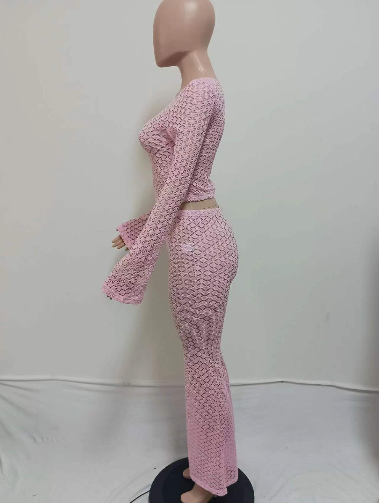 Women's Sexy Lace Ripped See-Through Crop Top High-Waist Long Pants Set