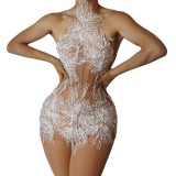 Fashion Halter Neck Strap Mini Dress Nude See-Through Sexy Party Dress