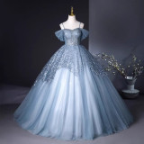 Women spring Off Shoulder annual meeting colored yarn evening dress（Processing time need 3-6 days）