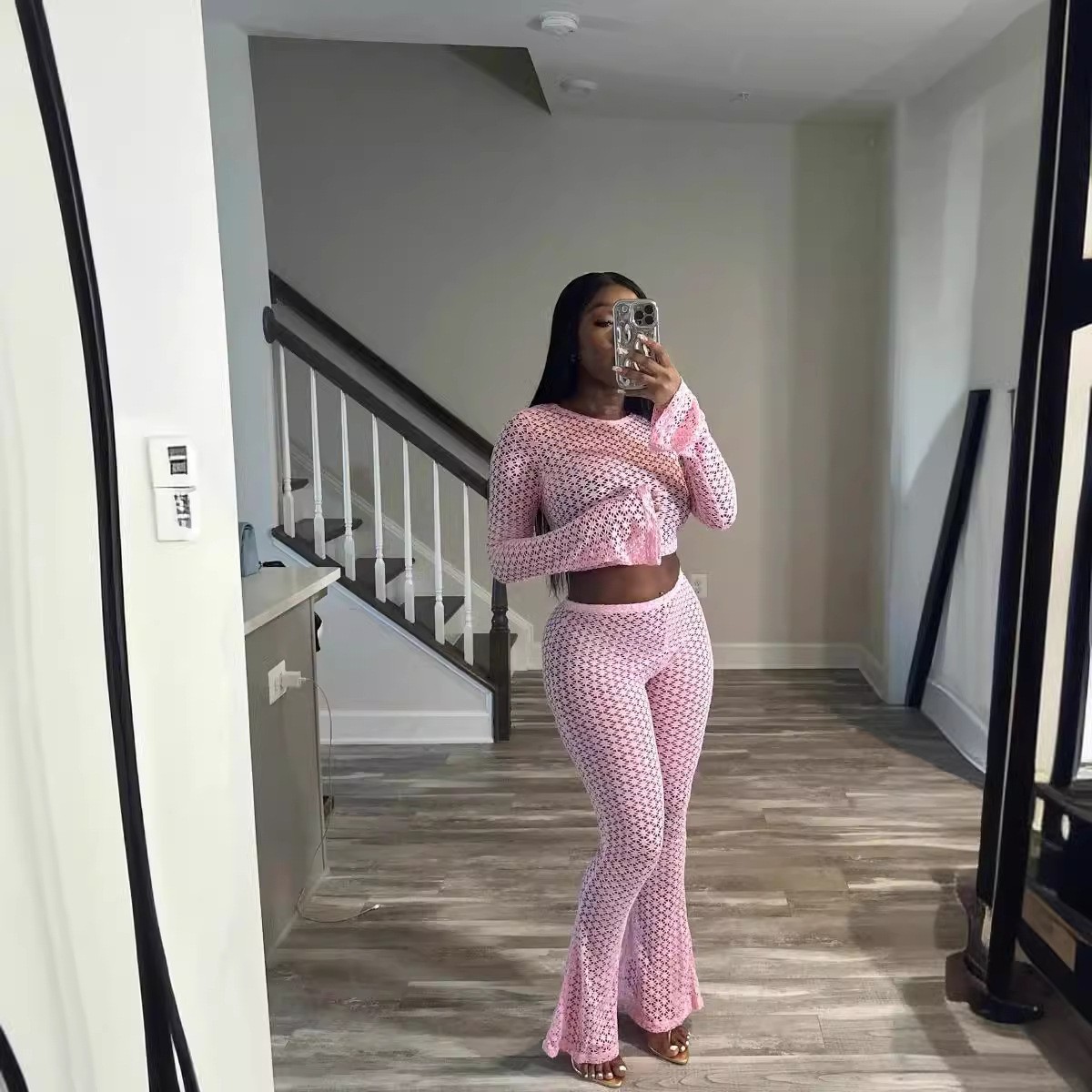 Women's Sexy Lace Ripped See-Through Crop Top High-Waist Long Pants Set