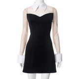 Women's Spring Summer Turndown Collar Mesh Patchwork Zipper A-Line Dress