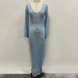 Women beach dress Solid sexy Backless Knitting hollow dress