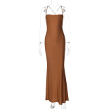 Women's Spring Solid Color Strap Low-Back Lace-Up Slim Long Dress