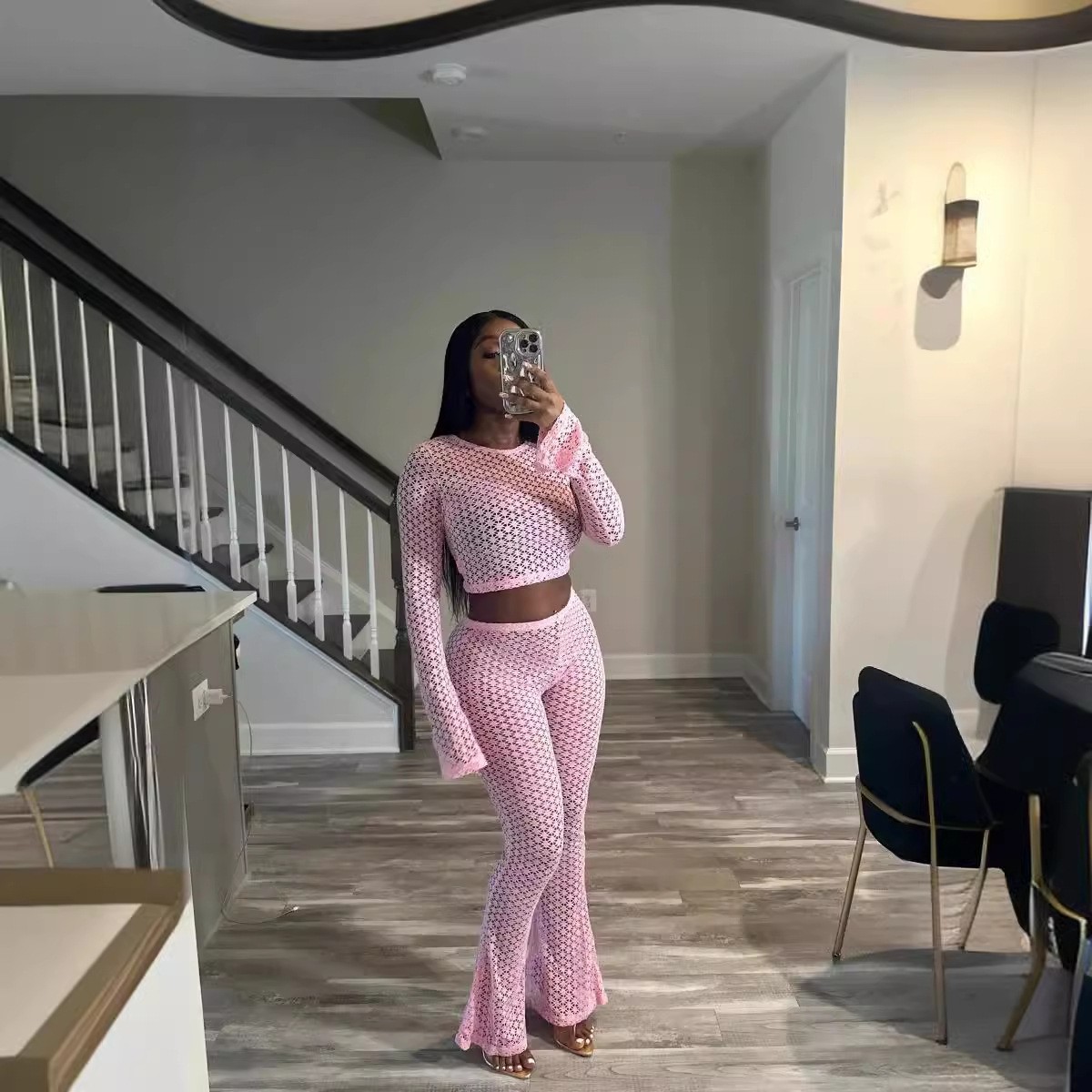 Women's Sexy Lace Ripped See-Through Crop Top High-Waist Long Pants Set