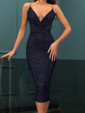 Women Sexy Backless Sequin Strap Dress