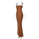 Women's Spring Solid Color Strap Low-Back Lace-Up Slim Long Dress