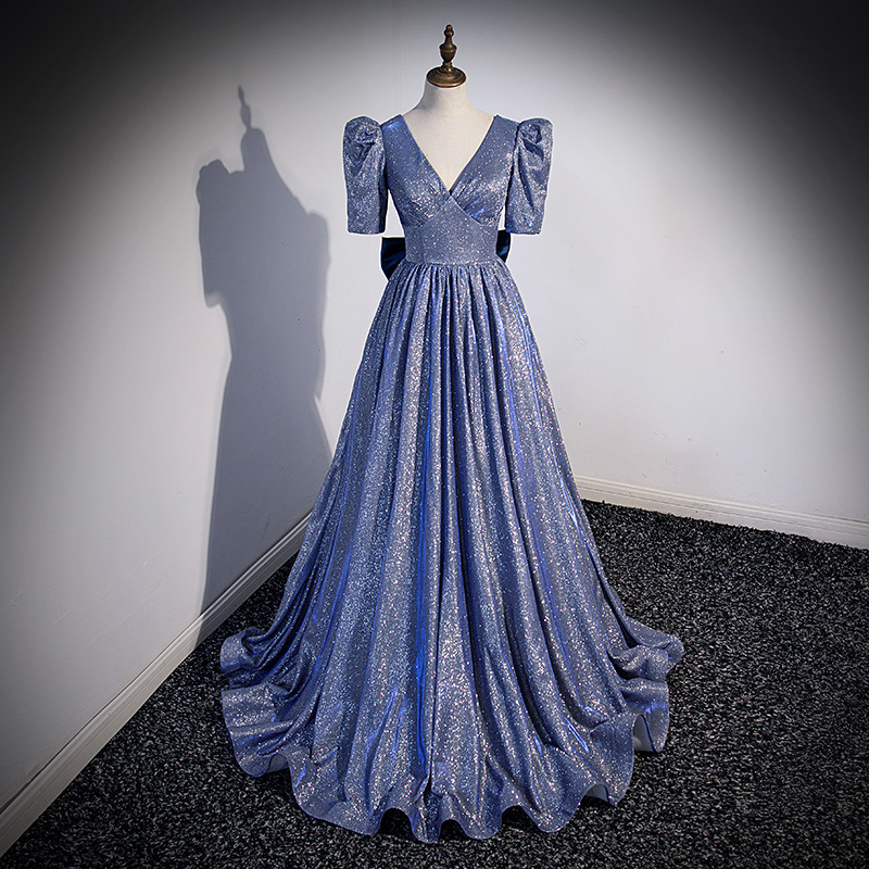 Women V-neck starry sky gradient blue evening dress(Processing time need 3-6 days)