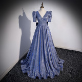 Women V-neck starry sky gradient blue evening dress（Processing time need 3-6 days）