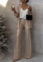 Women's Sequin Long Sleeve Two Piece Pants Set Chic Outerwear