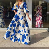 Summer Women's Fashion V-Neck Half-Sleeve Print Maxi Dress