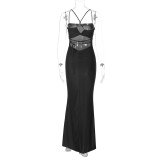 Women's Spring Solid Color Strap Low-Back Lace-Up Slim Long Dress