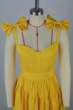Women spring bow suspender v-neck ruffle dress