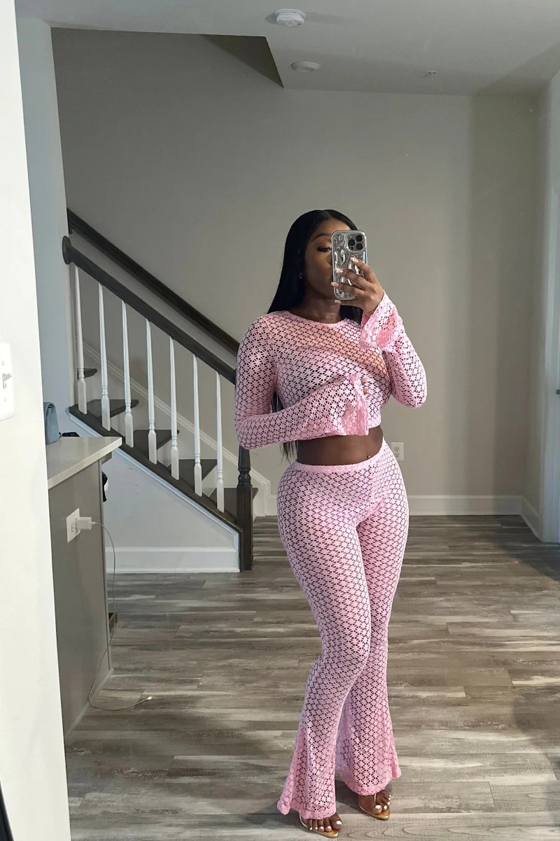 Women's Sexy Lace Ripped See-Through Crop Top High-Waist Long Pants Set