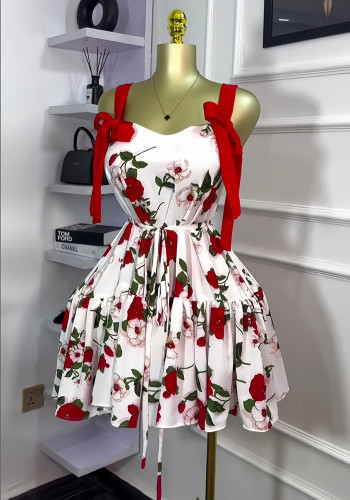 Women's Spring Sleeveless Print Strap Bow Lace-Up Ruffled Short Dress