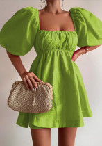 Spring Women's Fashion Square Neck Puff Sleeve Linen Dress Spring Women's Fashion Square Neck Puff Sleeve Linen Dress