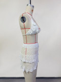 Women beach solid floating flower knitting swimsuit two piece set