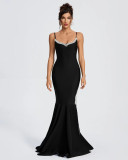 Women suspender v-neck studded diamond split chain tassel fishtail bandage dress