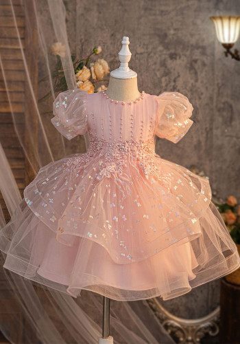 Flower Girl's Pink Ruffled Wedding Dress Puff Sleeves Princess Dress