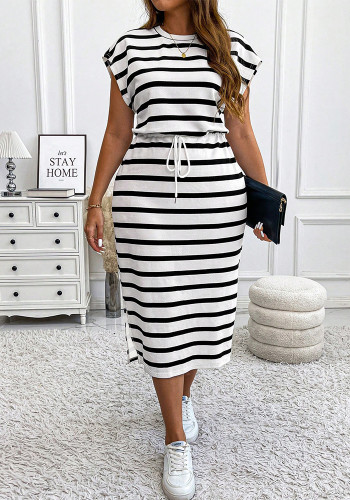 Plus Size Women Summer Bat Sleeves Drawstring Striped Dress