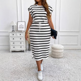 Plus Size Women Summer Bat Sleeves Drawstring Striped Dress