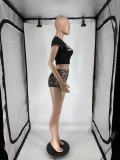 Women Spring and Summer Leopard Round Neck Top and Pocket Shorts Casual Two Piece Set