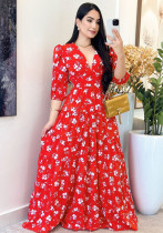 Women Floral Print V Neck Maxi Dress