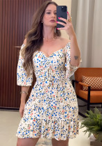 Women Floral V Neck Pleated Summer Dress