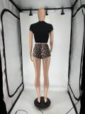 Women Spring and Summer Leopard Round Neck Top and Pocket Shorts Casual Two Piece Set