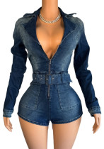 Women Zipper Solid Patchwork Stetchy Denim Lace Jumpsuit