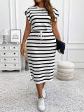 Plus Size Women Summer Bat Sleeves Drawstring Striped Dress
