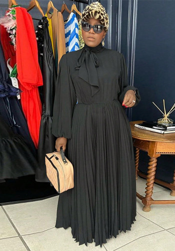 Women Long Sleeve Pleated Black Dress