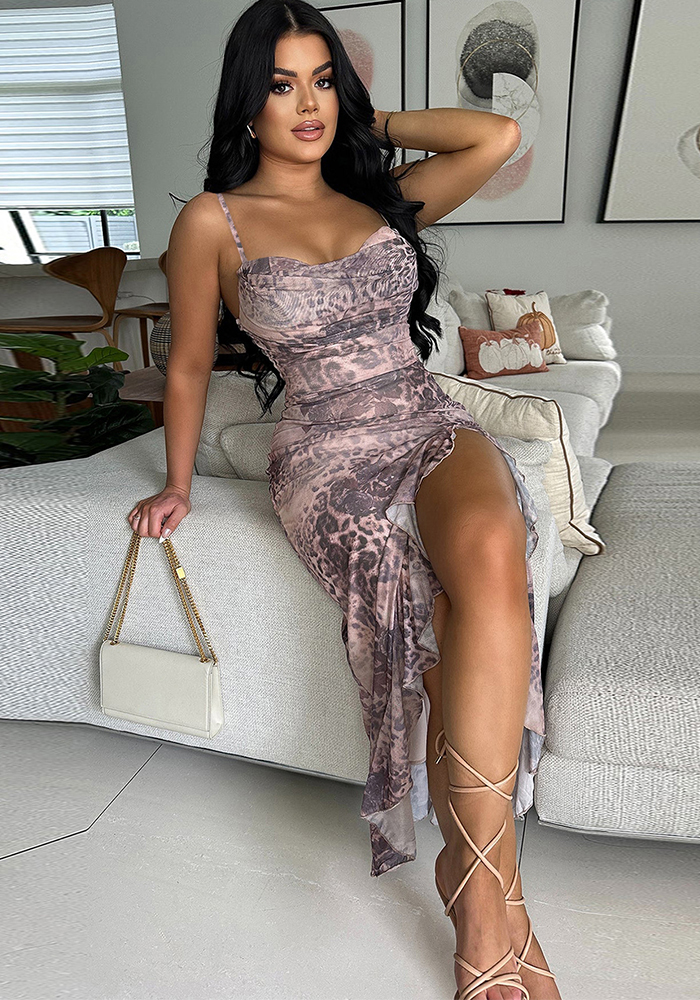 Slit Suspender Ruffle Dress for Evening Parties