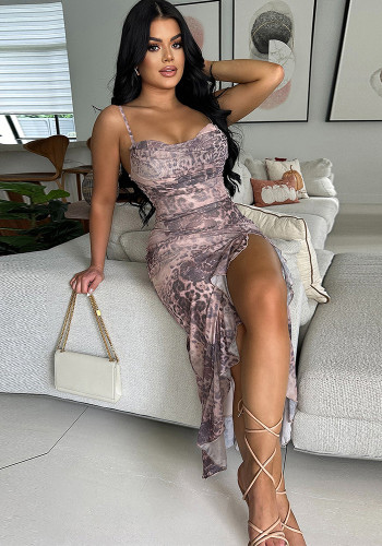 Women Sexy Slit Suspender Ruffle Dress