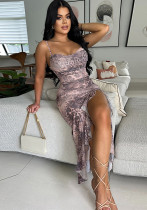 Women Sexy Slit Suspender Ruffle Dress Women Sexy Slit Suspender Ruffle Dress