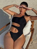 Women One Shoulder Bikini Solid One-Piece Swimwear