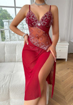 Women Sexy Meshlace Suspender Long Dress Nightdress