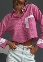 Women French striped turndown collar long sleeve crop top shirt