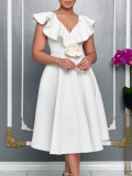 V Neck Floral Ruffle A-line Dress for Women Formal Party Gown